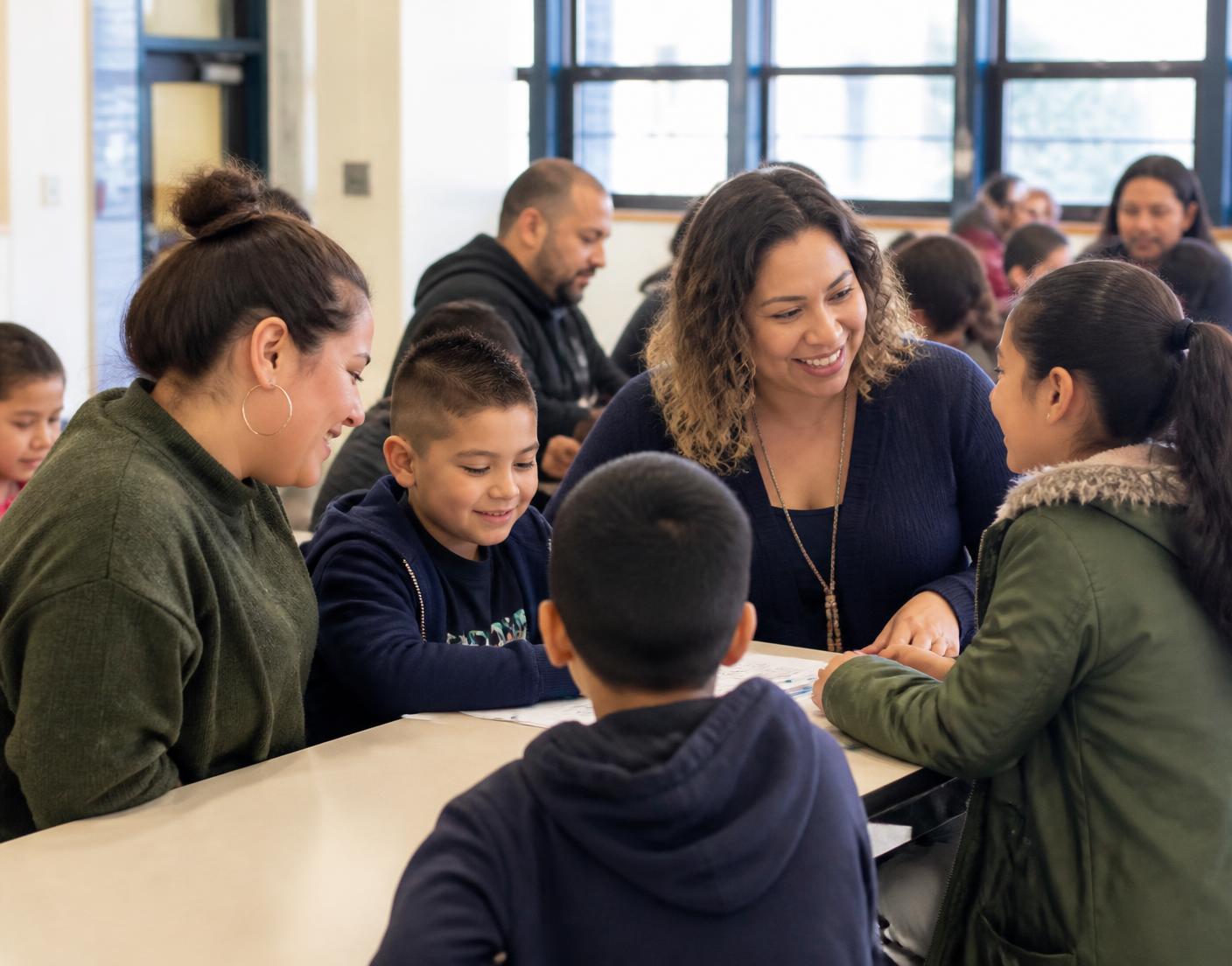 Families, students, and an educator talking together at a school family night